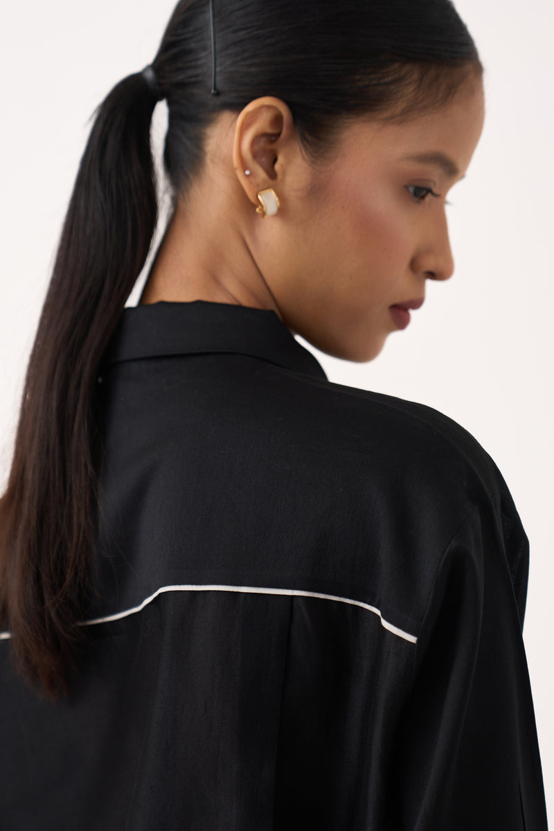 Emb. Patch Pocket Shirt-Black chanderi top/shirt by THREE in black for women Worldwide