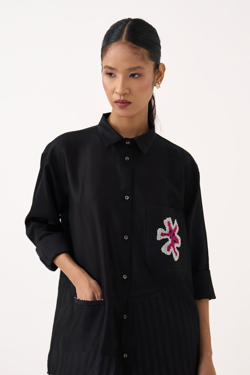 Emb. Patch Pocket Shirt Co-Ord (Set Of 2)-Black chanderi, poplin co-ord set by THREE in black for women Worldwide