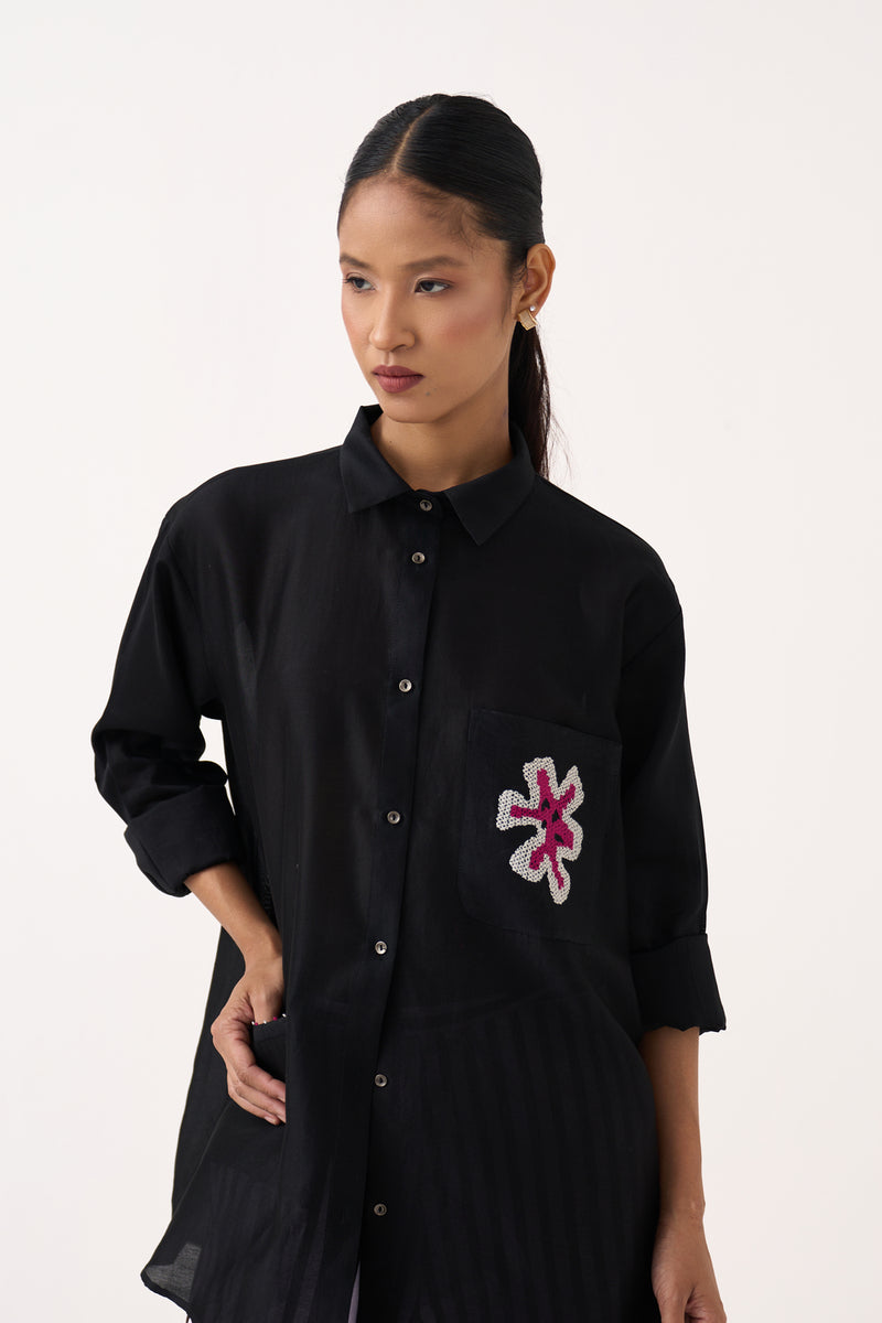 Emb. Patch Pocket Shirt-Black chanderi top/shirt by THREE in black for women Worldwide