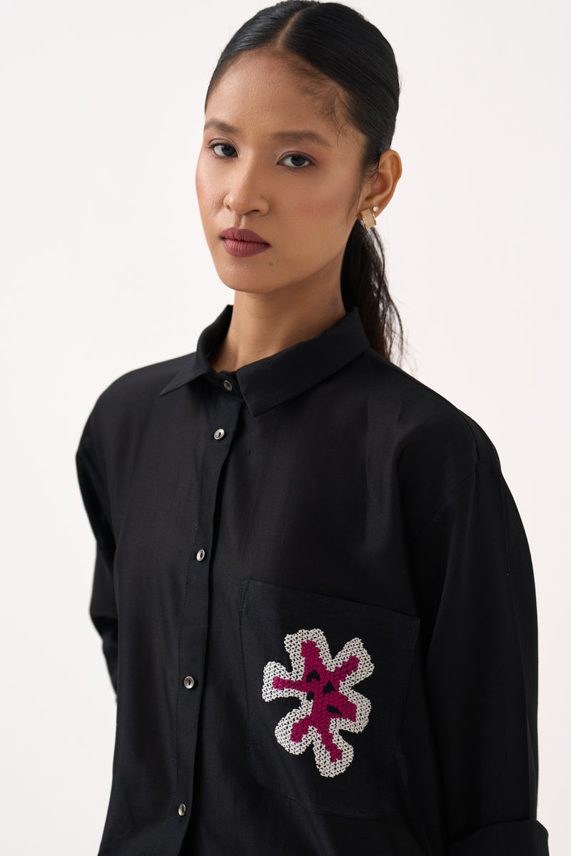 Emb. Patch Pocket Shirt-Black chanderi top/shirt by THREE in black for women Worldwide