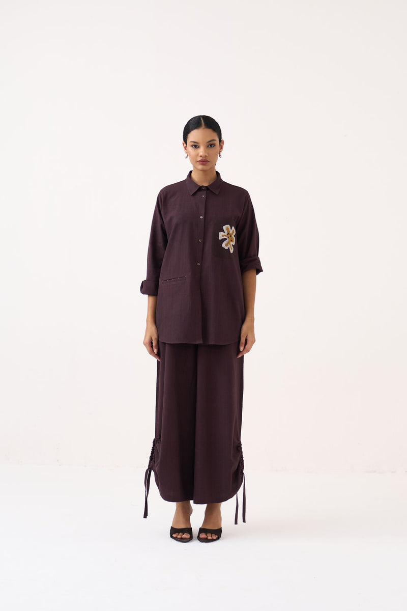 Hand Emb. Patch Pocket Shirt Co-Ord (Set Of 2)-Dark Brown handwoven cotton co-ord set by THREE in brown for women Worldwide