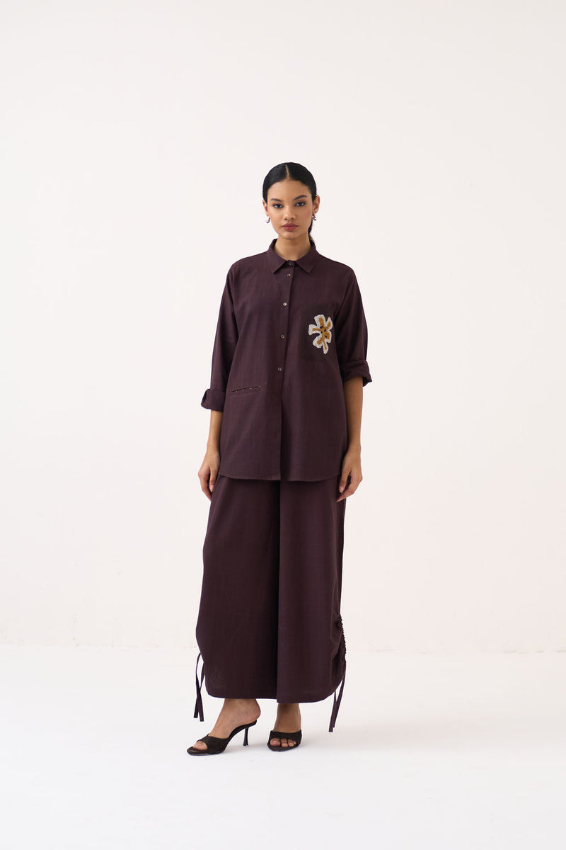 Drawstring Bottom-Dark Brown handwoven cotton pant/trouser by THREE in brown for women Worldwide