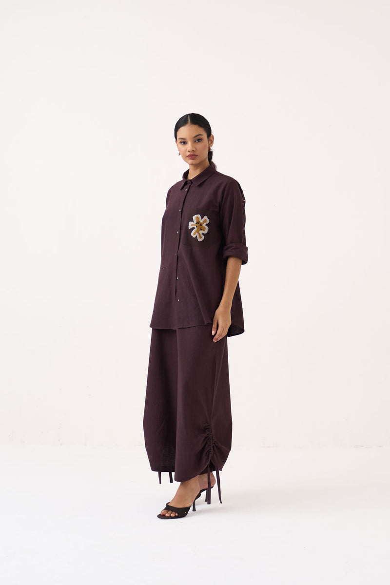 Drawstring Bottom-Dark Brown handwoven cotton pant/trouser by THREE in brown for women Worldwide