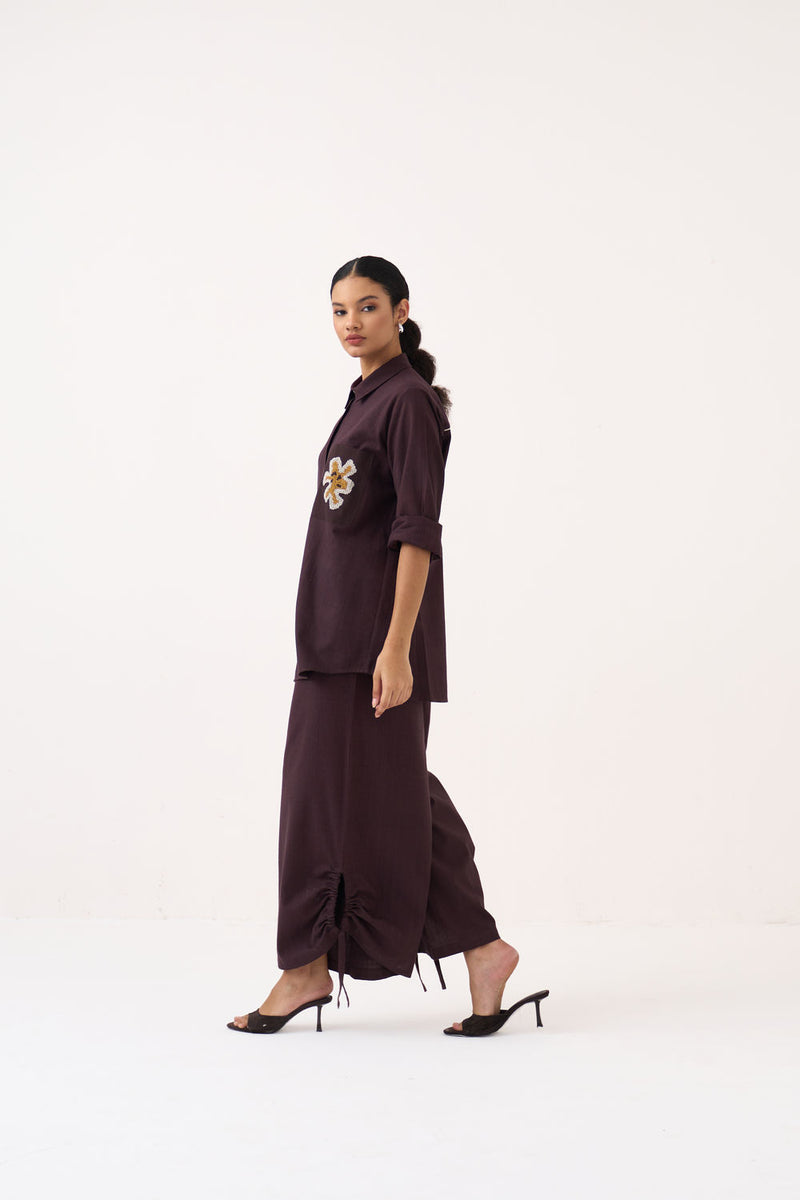 Hand Emb. Patch Pocket Shirt Co-Ord (Set Of 2)-Dark Brown handwoven cotton co-ord set by THREE in brown for women Worldwide