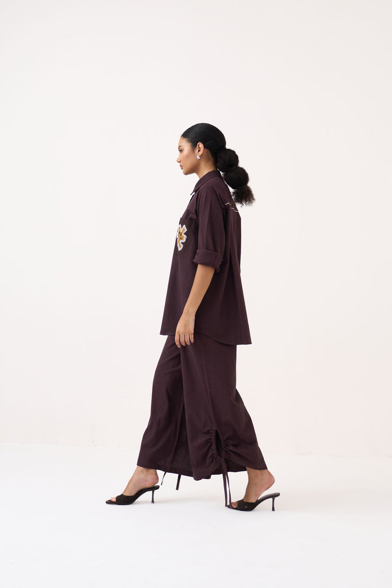 Hand Emb. Patch Pocket Shirt Co-Ord (Set Of 2)-Dark Brown handwoven cotton co-ord set by THREE in brown for women Worldwide