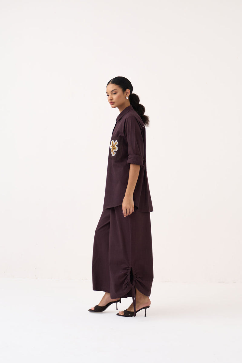 Drawstring Bottom-Dark Brown handwoven cotton pant/trouser by THREE in brown for women Worldwide