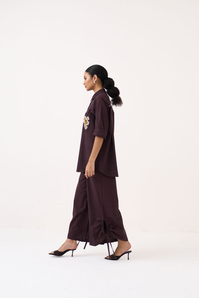 Drawstring Bottom-Dark Brown handwoven cotton pant/trouser by THREE in brown for women Worldwide