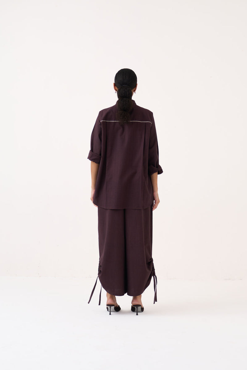 Hand Emb. Patch Pocket Shirt Co-Ord (Set Of 2)-Dark Brown handwoven cotton co-ord set by THREE in brown for women Worldwide