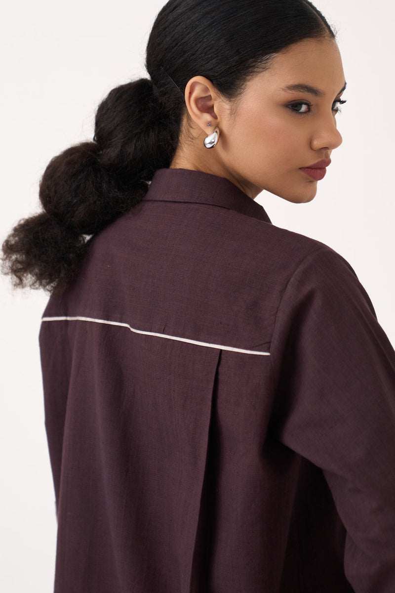 Hand Emb. Patch Pocket Shirt-Dark Brown handwoven cotton top/shirt by THREE in brown for women Worldwide