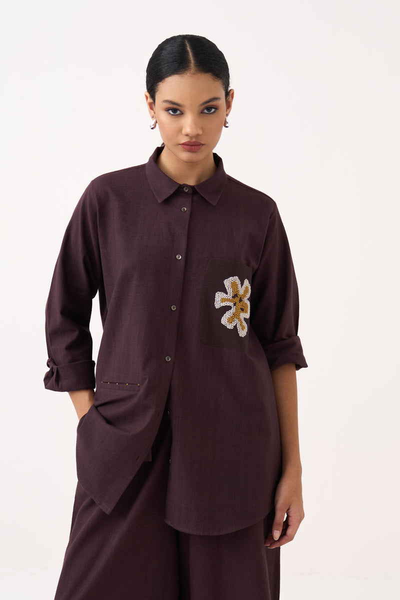 Hand Emb. Patch Pocket Shirt-Dark Brown handwoven cotton top/shirt by THREE in brown for women Worldwide
