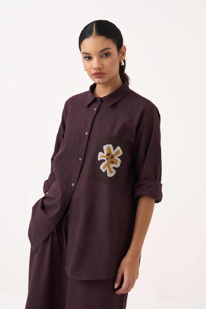 Hand Emb. Patch Pocket Shirt-Dark Brown handwoven cotton top/shirt by THREE in brown for women Worldwide