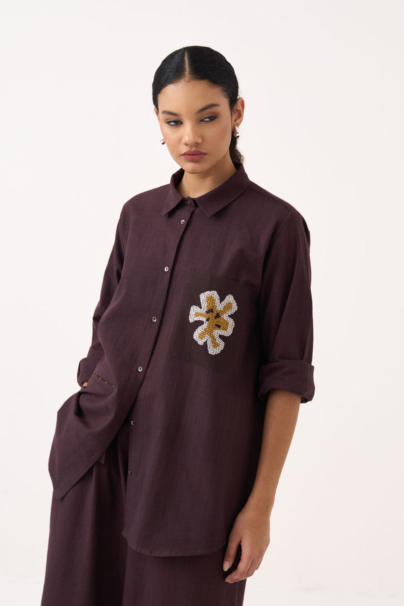 Hand Emb. Patch Pocket Shirt-Dark Brown handwoven cotton top/shirt by THREE in brown for women Worldwide
