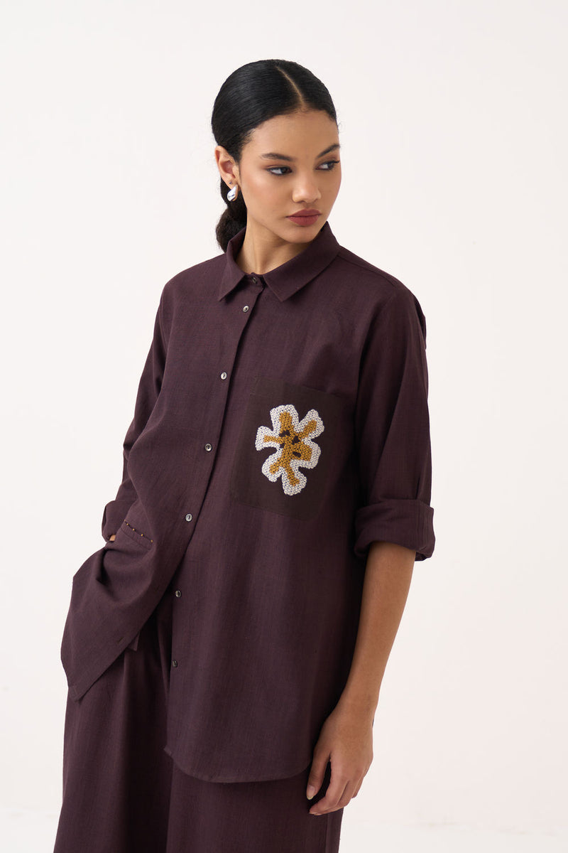 Hand Emb. Patch Pocket Shirt-Dark Brown handwoven cotton top/shirt by THREE in brown for women Worldwide
