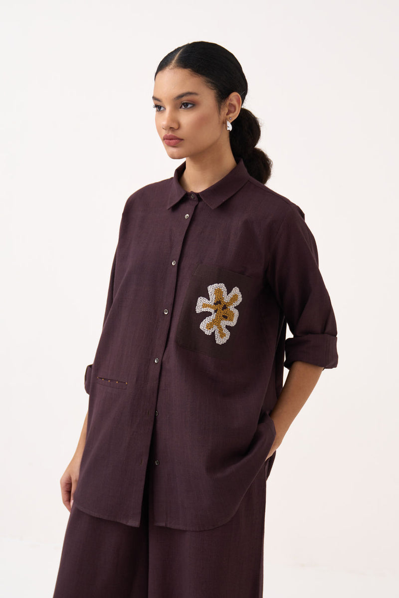 Hand Emb. Patch Pocket Shirt Co-Ord (Set Of 2)-Dark Brown handwoven cotton co-ord set by THREE in brown for women Worldwide