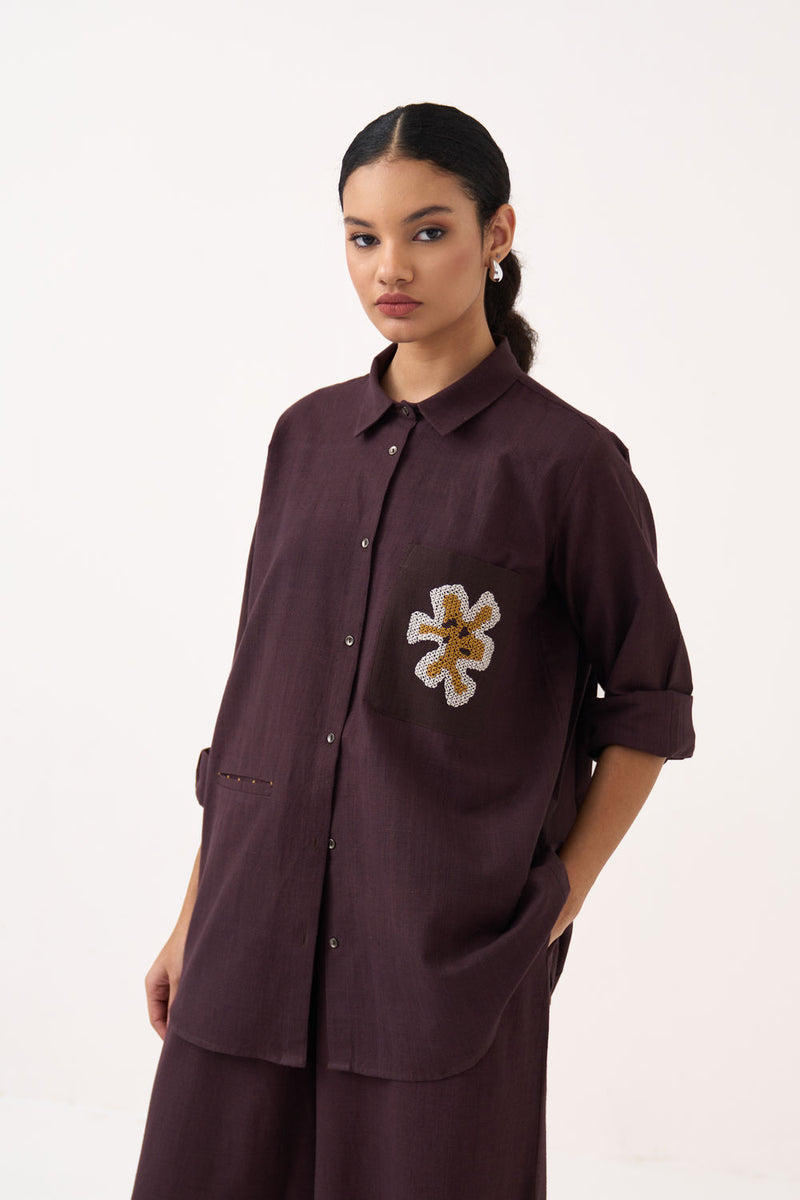 Hand Emb. Patch Pocket Shirt-Dark Brown handwoven cotton top/shirt by THREE in brown for women Worldwide