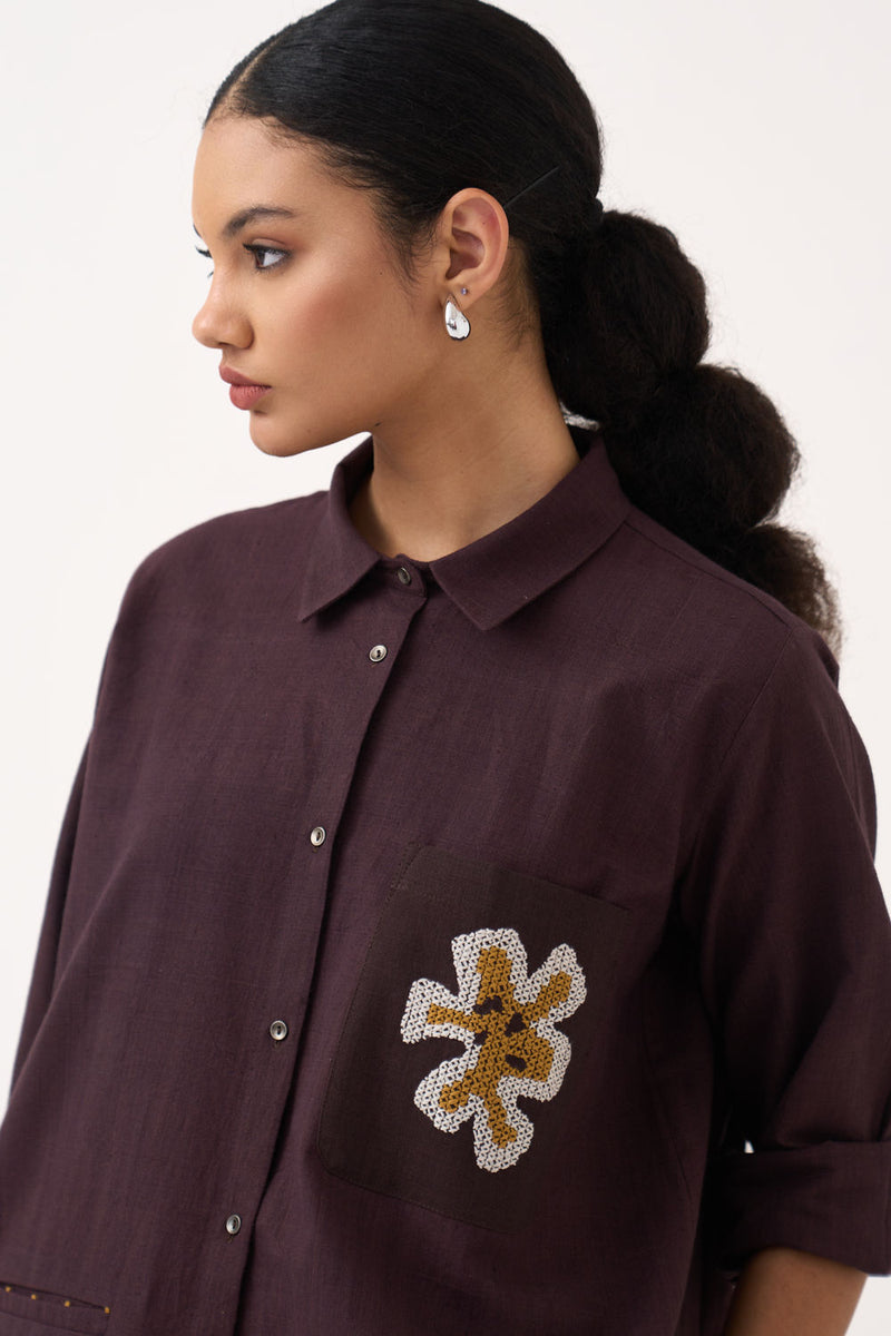 Hand Emb. Patch Pocket Shirt-Dark Brown handwoven cotton top/shirt by THREE in brown for women Worldwide