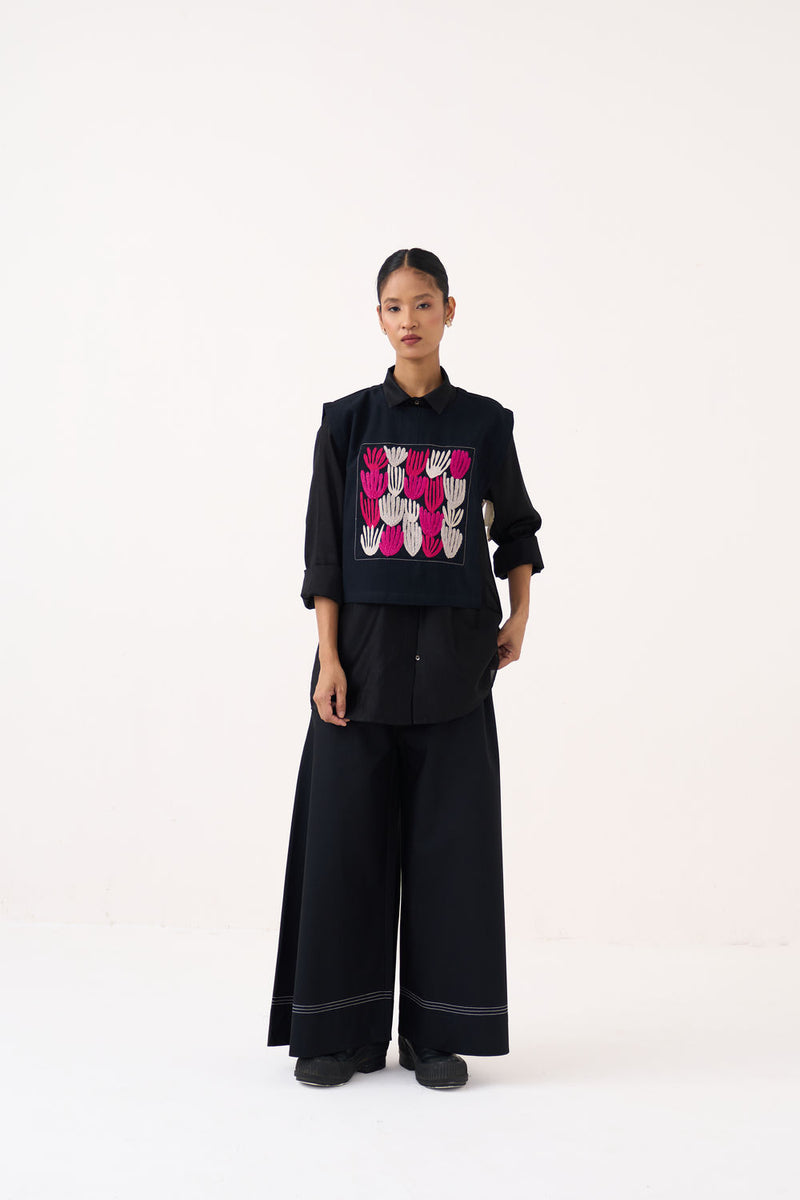 Emb. Patch Crop Overlay (Including Shirt)-Black handwoven cotton jacket/overlay by THREE in black for women Worldwide