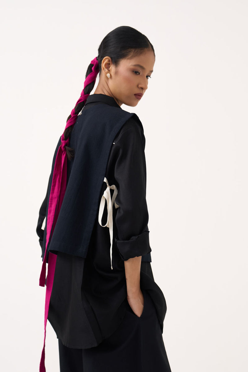 Emb. Patch Crop Overlay (Including Shirt)-Black handwoven cotton jacket/overlay by THREE in black for women Worldwide
