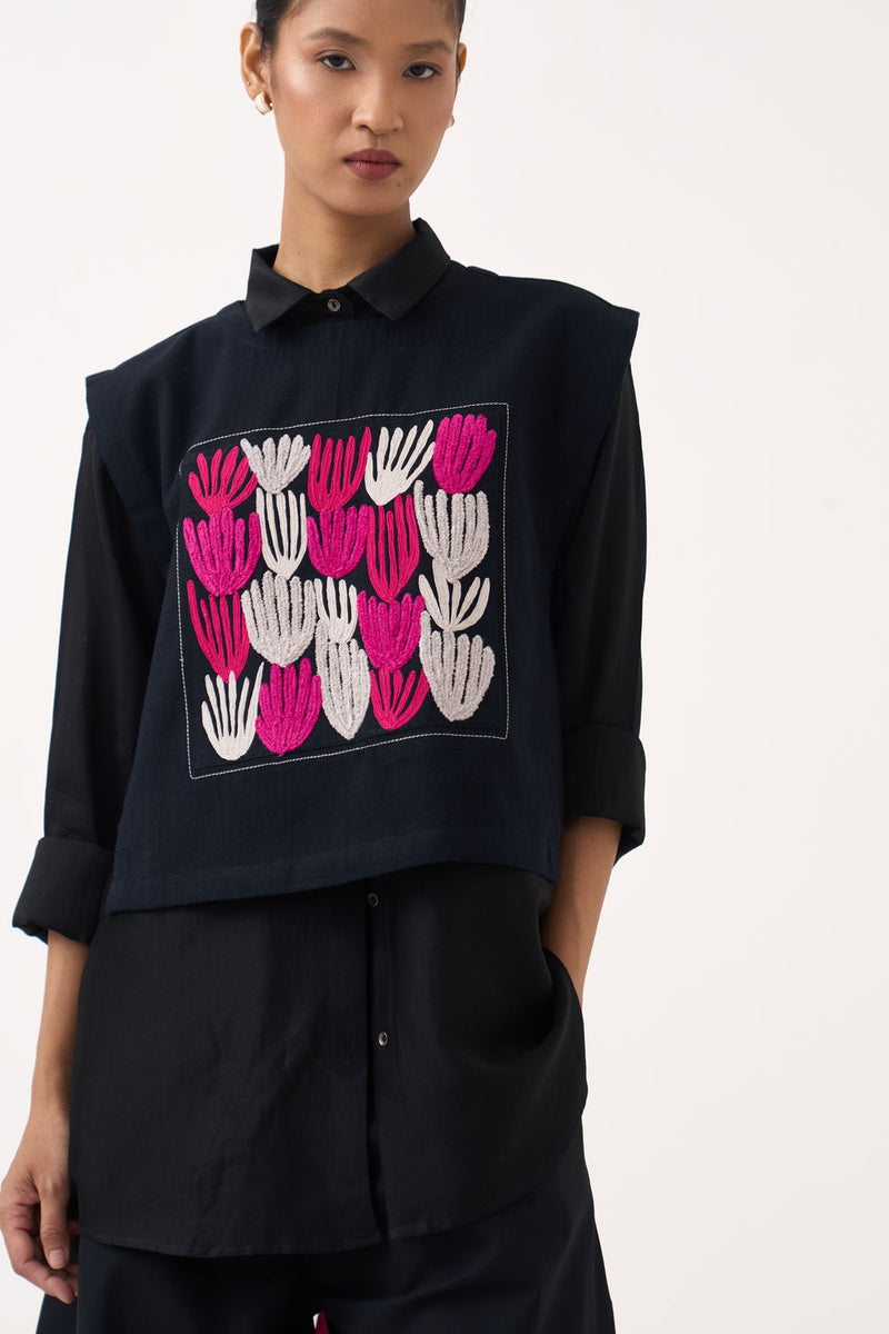 Emb. Patch Crop Overlay (Including Shirt)-Black handwoven cotton jacket/overlay by THREE in black for women Worldwide