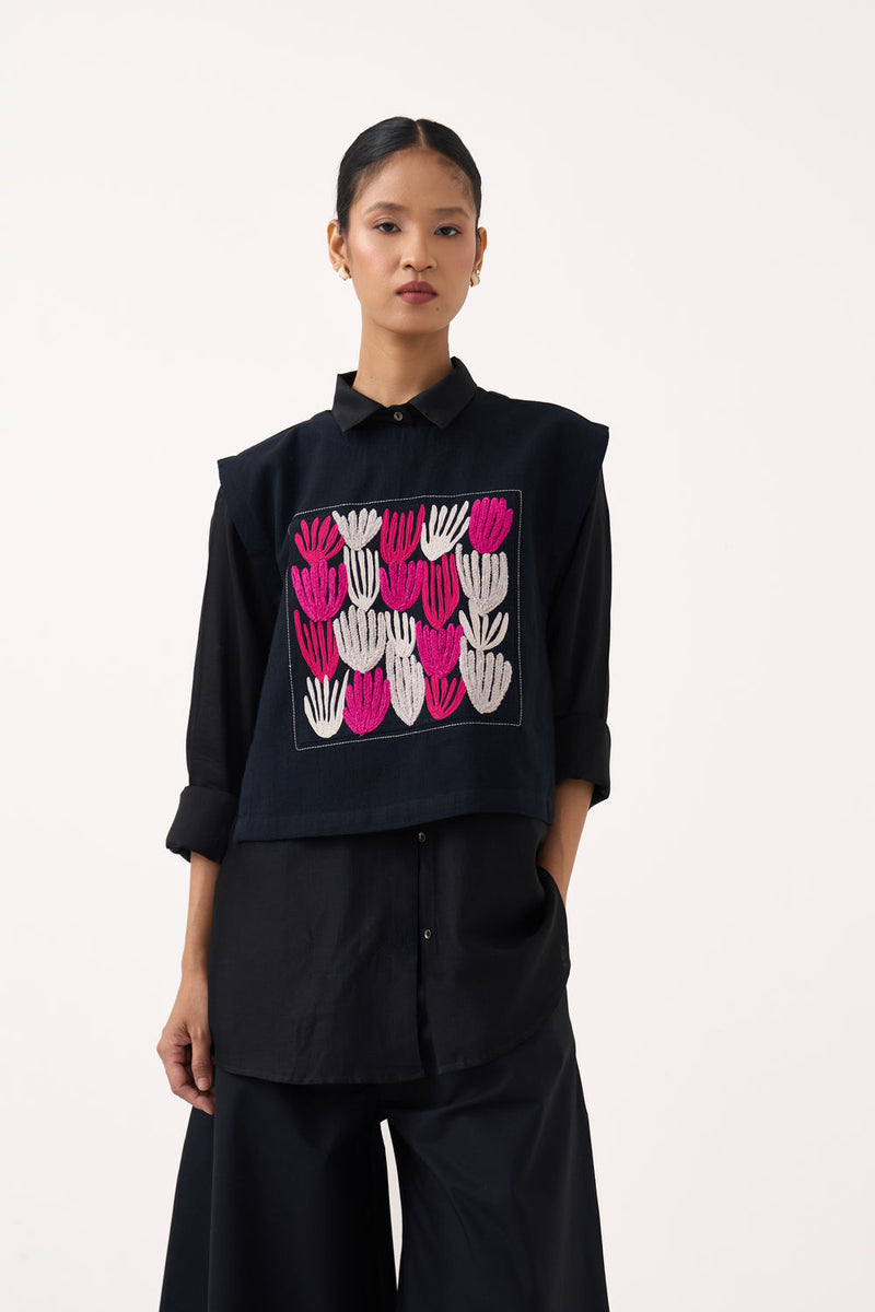 Emb. Patch Crop Overlay (Including Shirt)-Black handwoven cotton jacket/overlay by THREE in black for women Worldwide