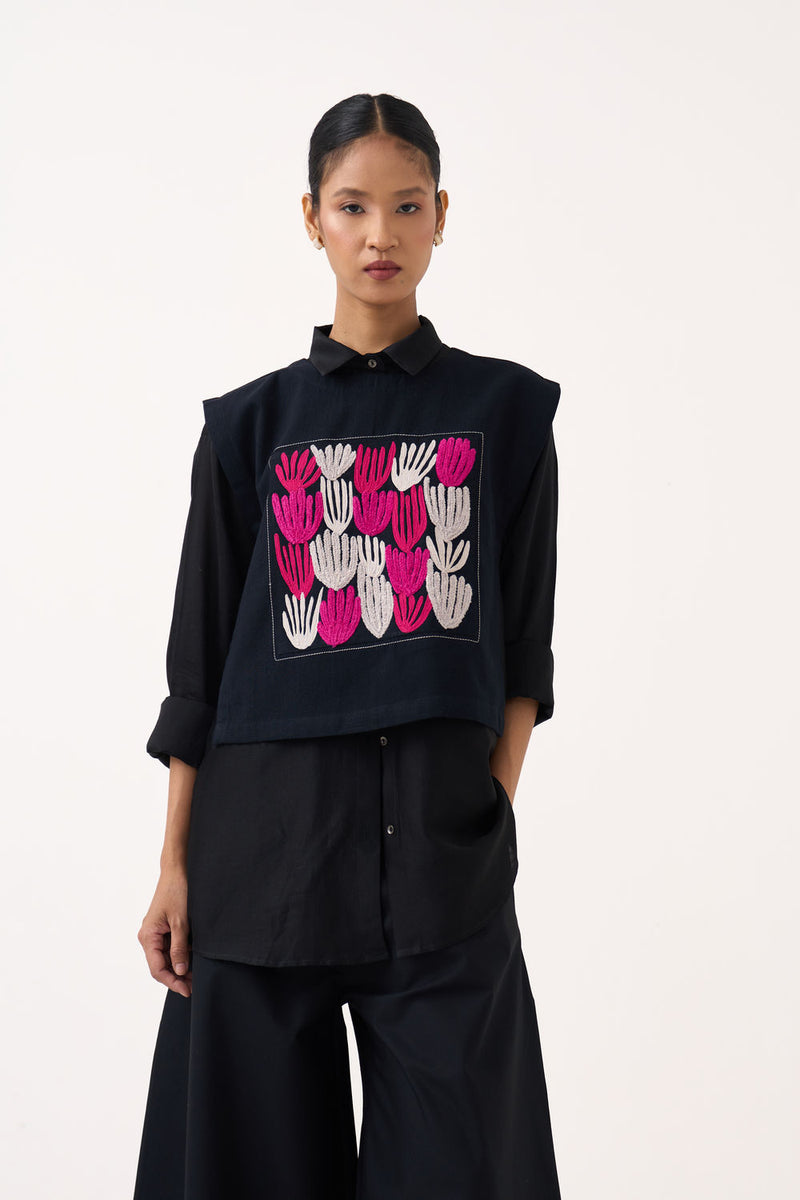 Emb. Patch Crop Overlay (Including Shirt)-Black handwoven cotton jacket/overlay by THREE in black for women Worldwide