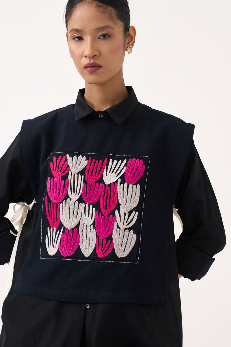 All Over Embroidery Overlay Co-Ord (Set Of 3)-Grey handwoven cotton co-ord set by THREE in grey, fuchsia for women Worldwide