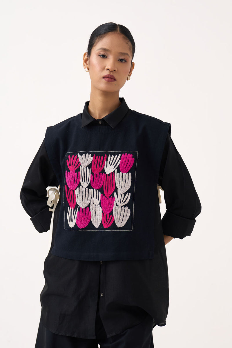 Emb. Patch Crop Overlay (Including Shirt)-Black handwoven cotton jacket/overlay by THREE in black for women Worldwide