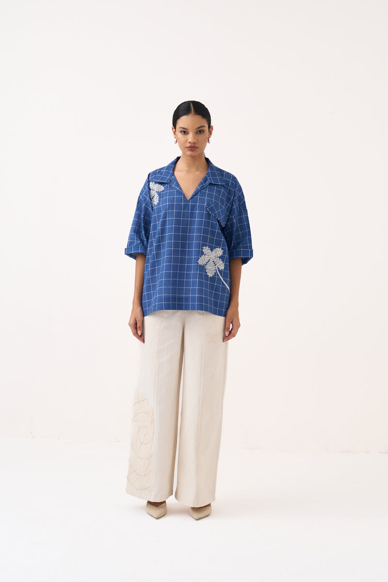 Emb. V Neck Top Co-Ord-Cobalt Blue & Ivory mul co-ord set by THREE in cobalt blue for women Worldwide