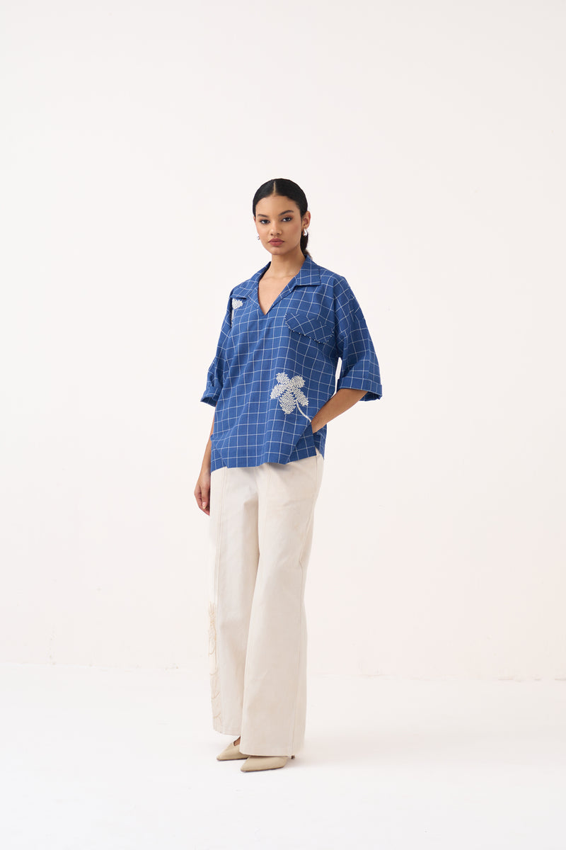 Emb. V Neck Top Co-Ord-Cobalt Blue & Ivory mul co-ord set by THREE in cobalt blue for women Worldwide