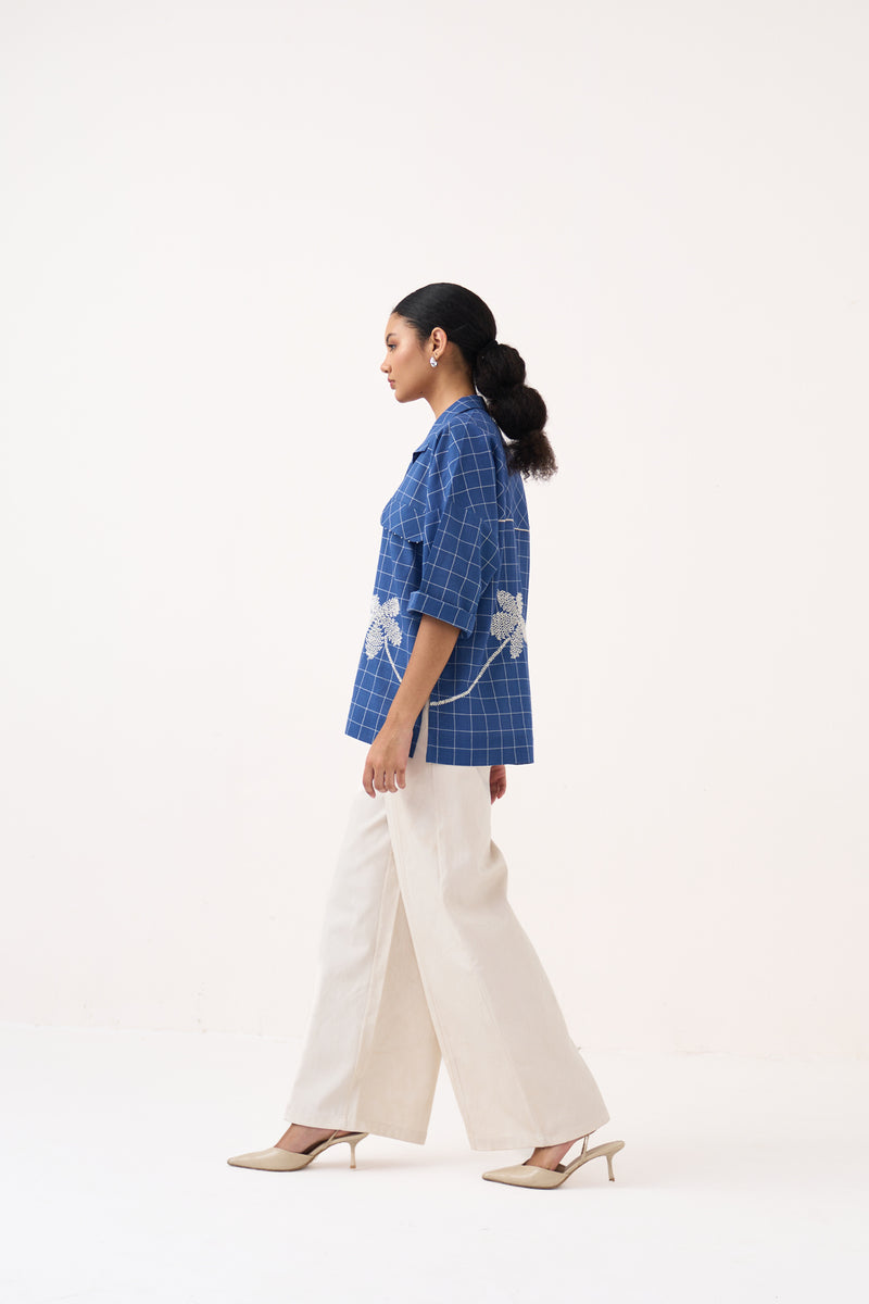 Emb. V Neck Top Co-Ord-Cobalt Blue & Ivory mul co-ord set by THREE in cobalt blue for women Worldwide