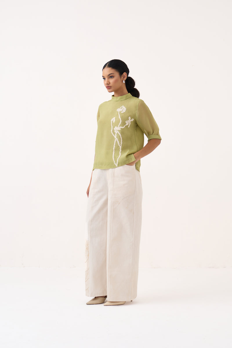 Poppy Top-Soft Moss organza top/shirt by THREE in soft moss for women Worldwide