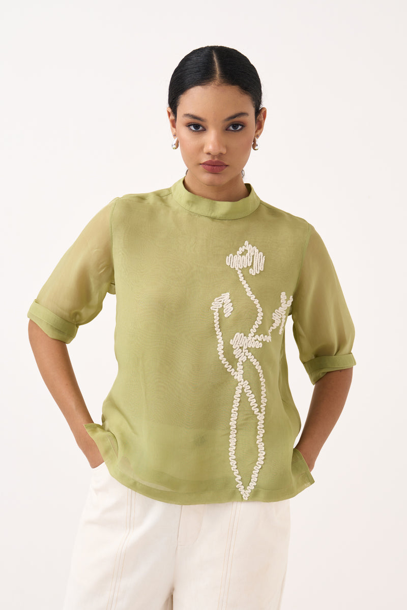 Poppy Top Co-Ord-Soft Moss & Ivory organza co-ord set by THREE in soft moss for women Worldwide