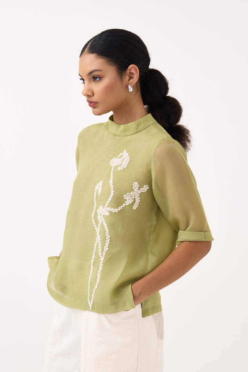 Poppy Top-Soft Moss organza top/shirt by THREE in soft moss for women Worldwide