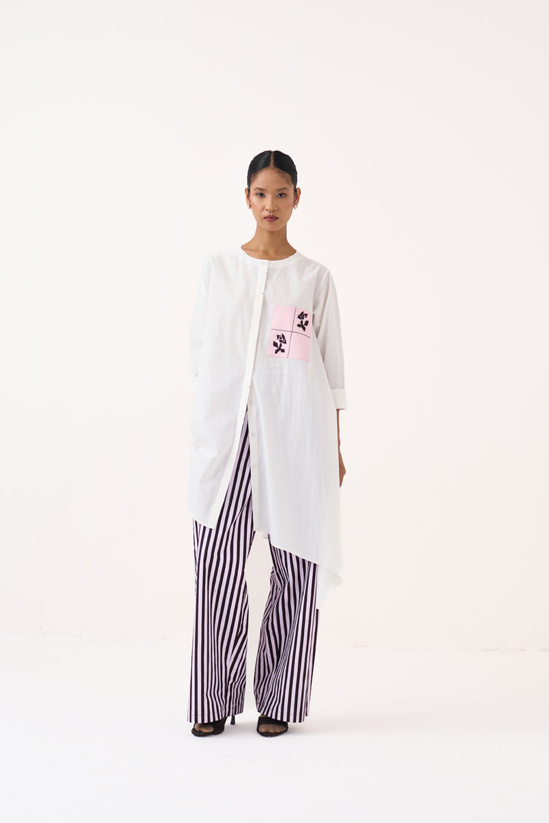 Emb. Patch Asymmetric Hem Shirt-White  100% cotton poplin tunics/kaftan by THREE in white for women Worldwide