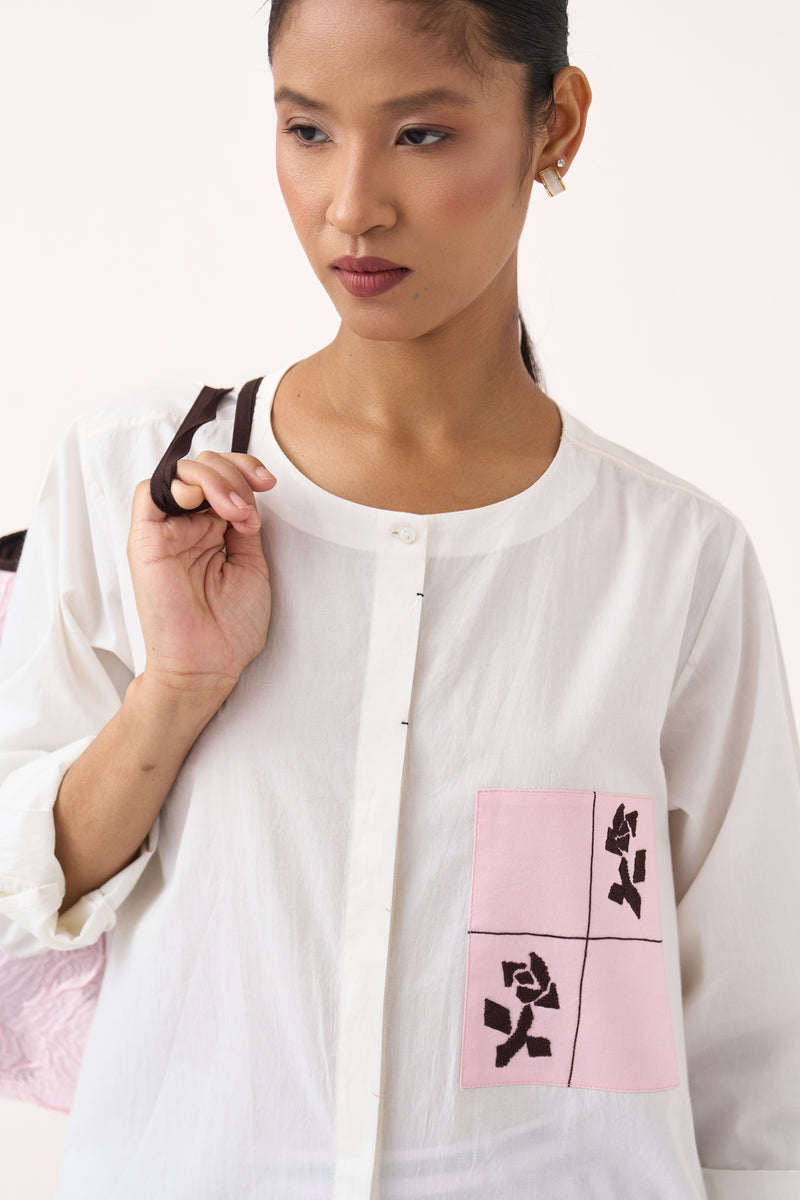 Emb. Patch Asymmetric Hem Shirt-White  100% cotton poplin tunics/kaftan by THREE in white for women Worldwide