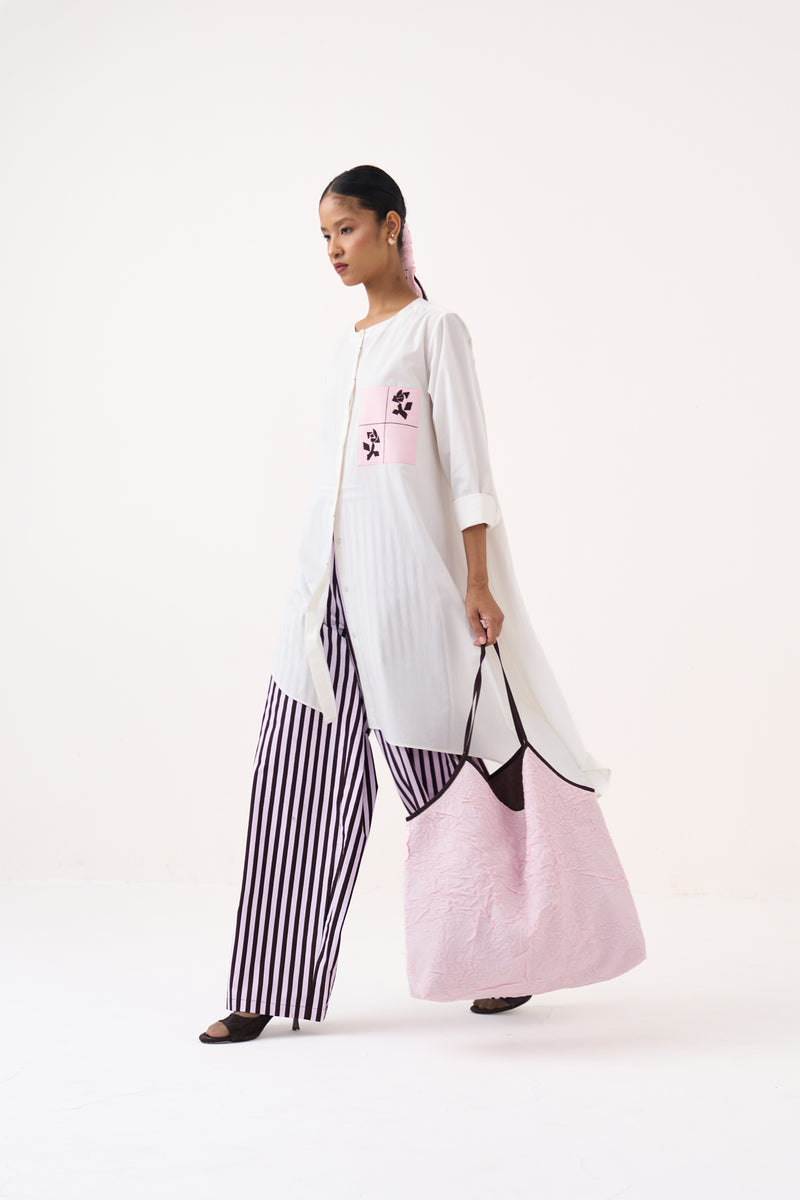 Emb. Patch Asymmetric Hem Shirt-White  100% cotton poplin tunics/kaftan by THREE in white for women Worldwide