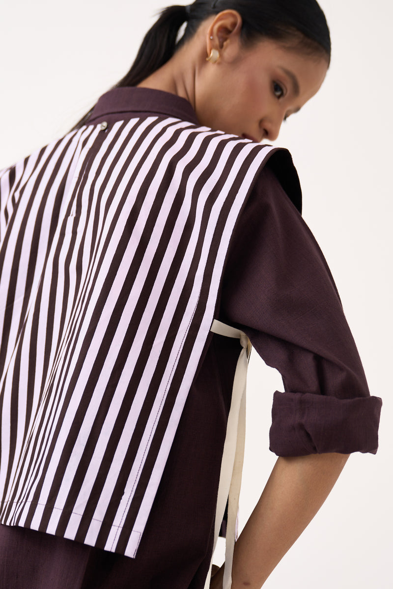 Floral Emb. Stripe Overlay (Set Of 2)-Cocoa Brown & Petal Pink 100% cotton poplin jacket/overlay by THREE in dark brown for women Worldwide
