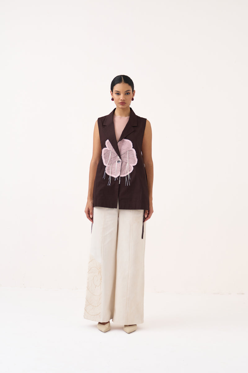 Floral Applique Waistcoat (Included Slip)-Cocoa Brown  100% cotton poplin jacket/overlay by THREE in dark brown for women Worldwide