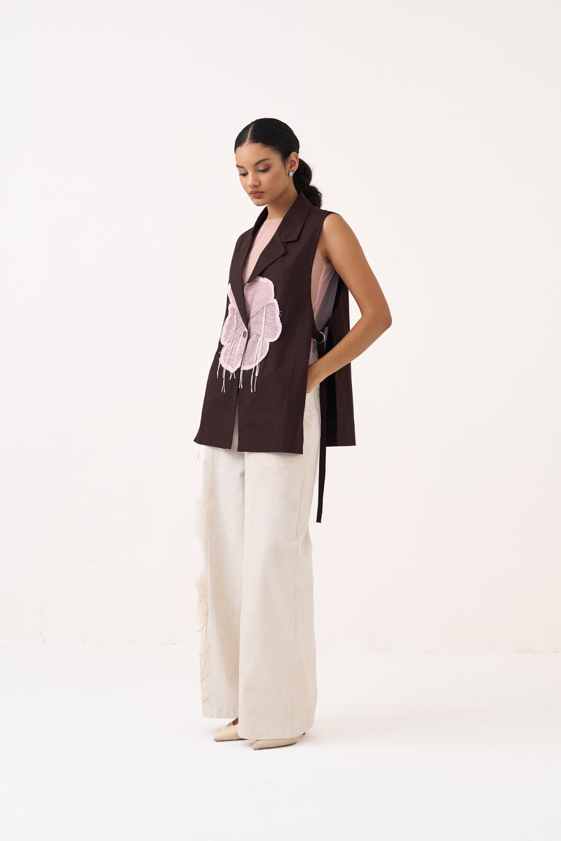 Floral Applique Waistcoat (Included Slip)-Cocoa Brown  100% cotton poplin jacket/overlay by THREE in dark brown for women Worldwide