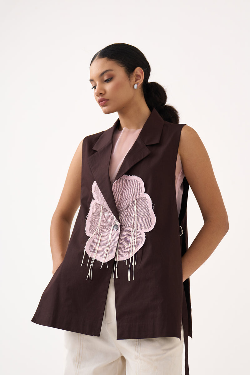 Floral Applique Waistcoat (Included Slip)-Cocoa Brown  100% cotton poplin jacket/overlay by THREE in dark brown for women Worldwide