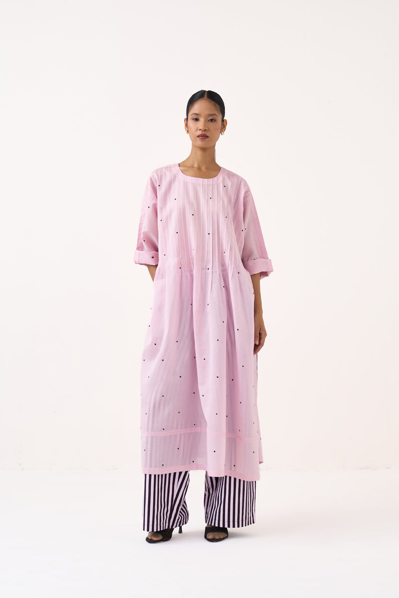 Pintuck Polka Kaftan-Petal Pink chanderi tunics/kaftan by THREE in pink for women Worldwide