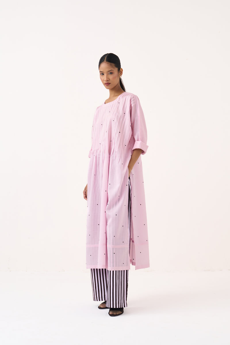 Pintuck Polka Kaftan-Petal Pink chanderi tunics/kaftan by THREE in pink for women Worldwide