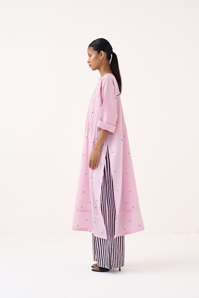 Pintuck Polka Kaftan-Petal Pink chanderi tunics/kaftan by THREE in pink for women Worldwide