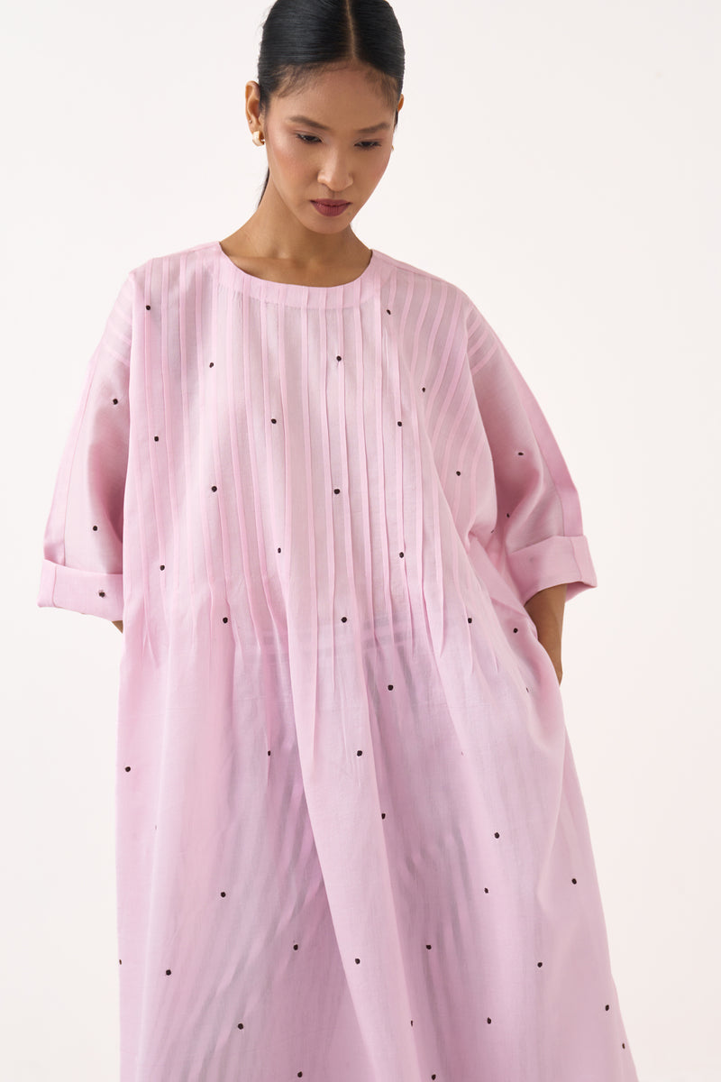 Pintuck Polka Kaftan-Petal Pink chanderi tunics/kaftan by THREE in pink for women Worldwide