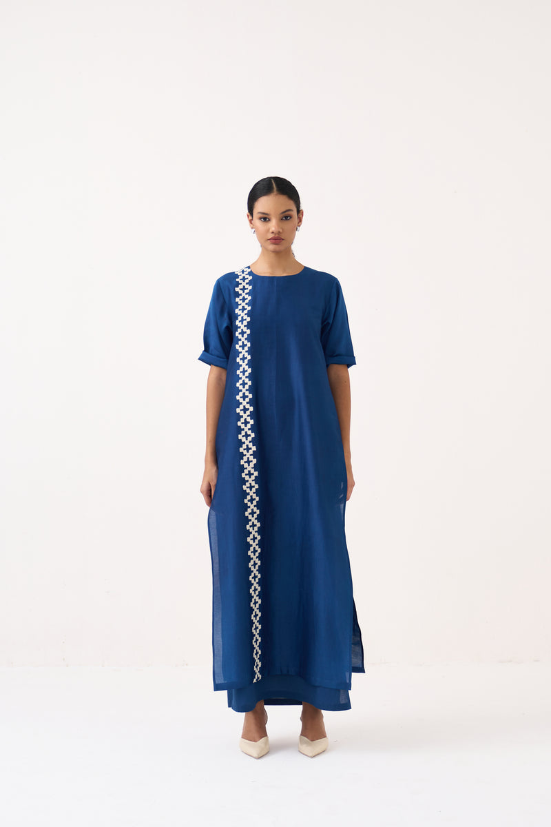 Emb. Double Layer Dress-Cobalt Blue chanderi, mul dress by THREE in blue for women Worldwide
