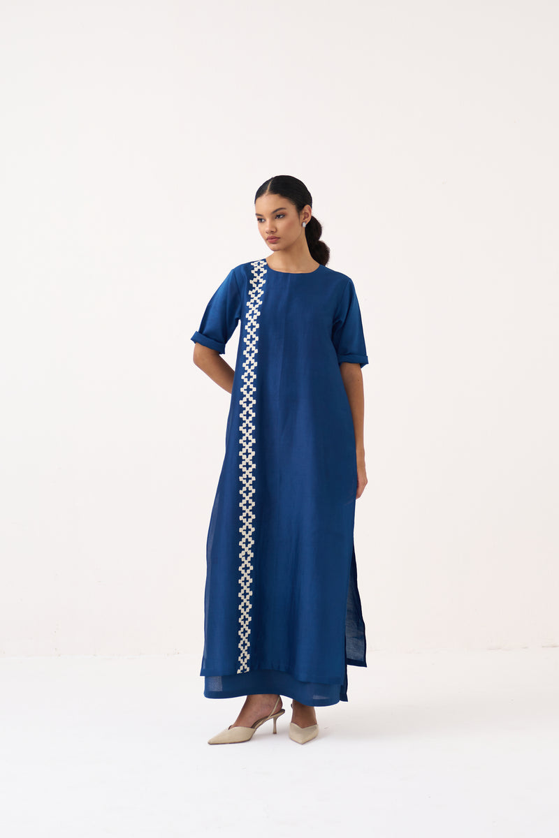 Emb. Double Layer Dress-Cobalt Blue chanderi, mul dress by THREE in blue for women Worldwide