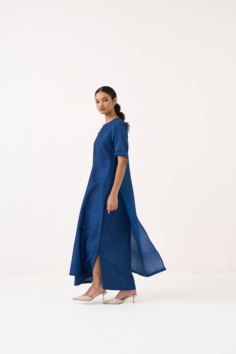 Emb. Double Layer Dress-Cobalt Blue chanderi, mul dress by THREE in blue for women Worldwide