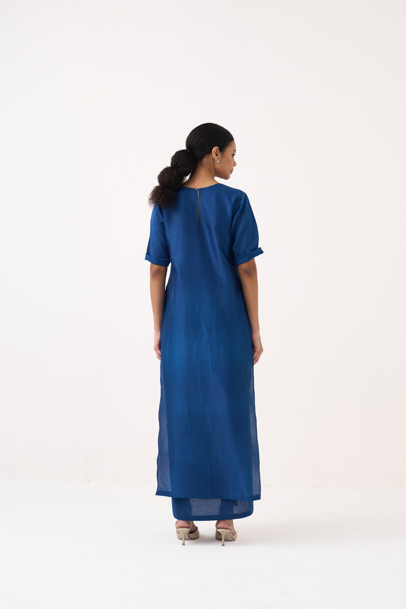 Emb. Double Layer Dress-Cobalt Blue chanderi, mul dress by THREE in blue for women Worldwide