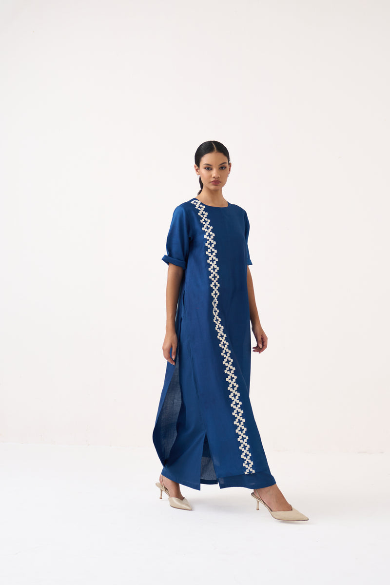 Emb. Double Layer Dress-Cobalt Blue chanderi, mul dress by THREE in blue for women Worldwide