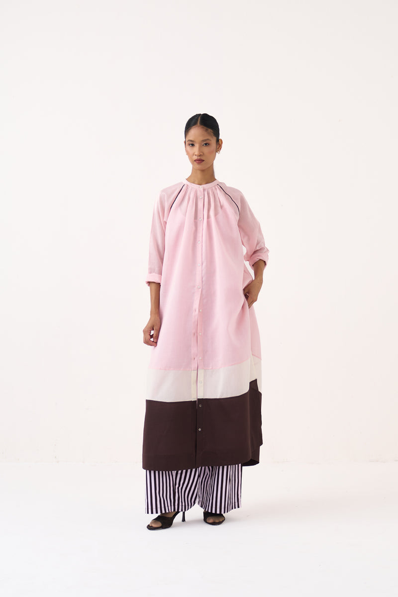 Panel Gather Neck Shirt Co-Ord-Cocoa Brown & Petal Pink chanderi co-ord set by THREE in pink for women Worldwide